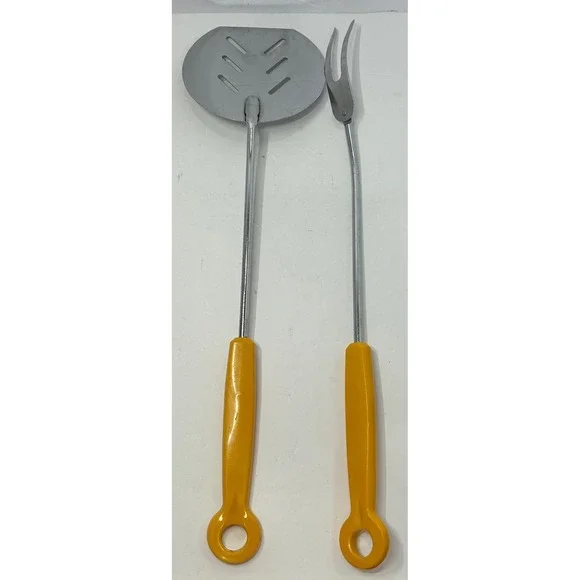 Vintage EKCO USA BBQ Utensils Set Turner Spatula‎ and Fork Yellow Handle - Picture 6 of 8